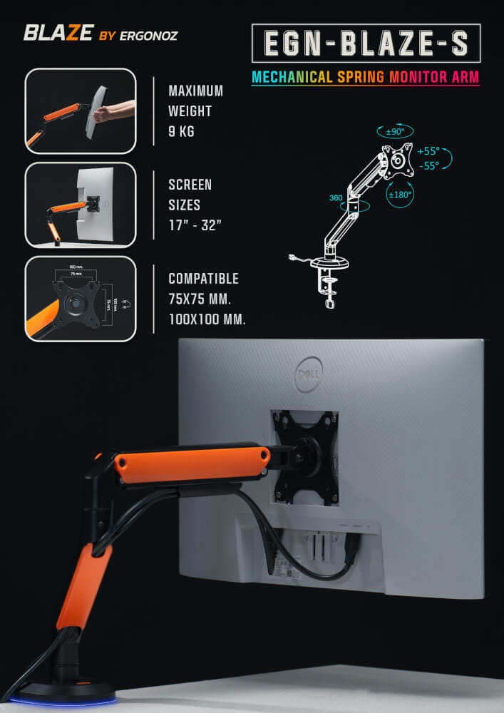 แขนจับจอ ERGONOZ รุ่น BLAZE แขนเดี่ยว สำหรับหน้าจอ 17 - 32 นิ้ว สีดำด้านและส้ม (EGN-BLAZE-S)_8